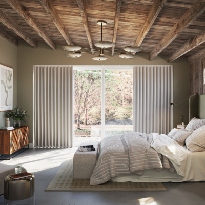 Sand coloured wave curtains over sliding doors