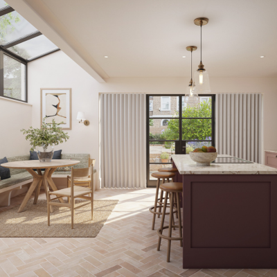 Cream wave curtains over glass doors