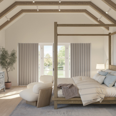 Taupe, floor-length wave curtains over patio doors in a neutral bedroom