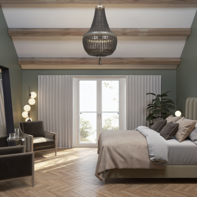 Grey wave curtains over glass doors in a bedroom