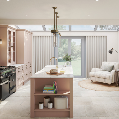 Beige wave curtains over grey patio doors